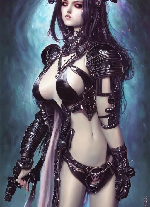 Image similar to portrait of cute beautiful young goth maiden in bikini armor, cyberpunk, Warhammer 40000, gothic, highly detailed, artstation, illustration, art by Gustav Klimt and Range Murata