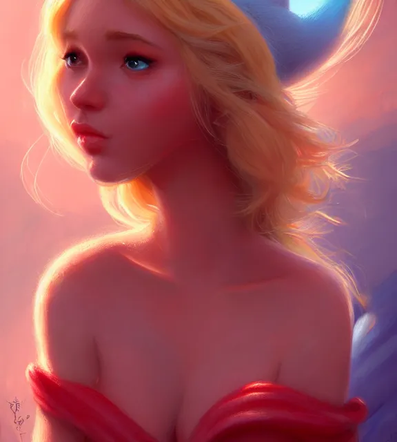 Image similar to cute female smurf, perfect face, red sundress, blonde hair, cinematic, stunning, elegant, highly detailed, psychedelic, digital painting, artstation, smooth, hard focus, illustration, art by jessica rossier and and brian froud