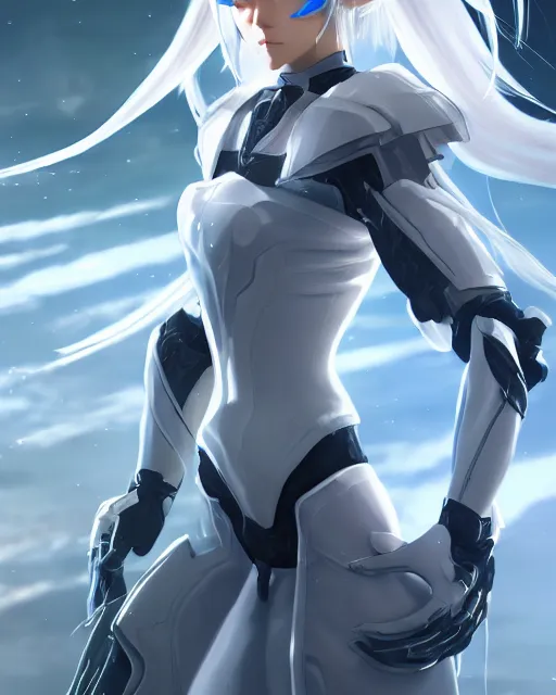 Image similar to perfect white haired girl, warframe armor, beautiful, dreamy, half asian, pretty face, blue eyes, detailed, windy weather, scifi platform, laboratory, experiment, 4 k, ultra realistic, epic lighting, cinematic, high detail, masterpiece, akihito tsukushi