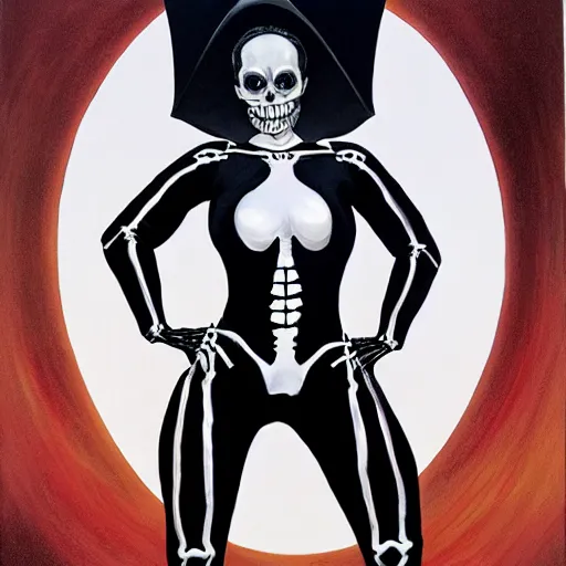 Image similar to portrait of a woman, wearing a skeleton catsuit, by alex ross.