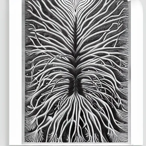 Prompt: diagram of interdimensional dendrite in non - eucledian space by ernst haeckel and geoff darrow, black background