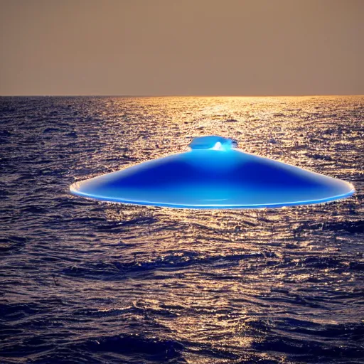 Image similar to a realistic photograph of a ufo in the shape of a saucer with no apparent propulsion system, glowing in a blue light, photographed above sea water with waves