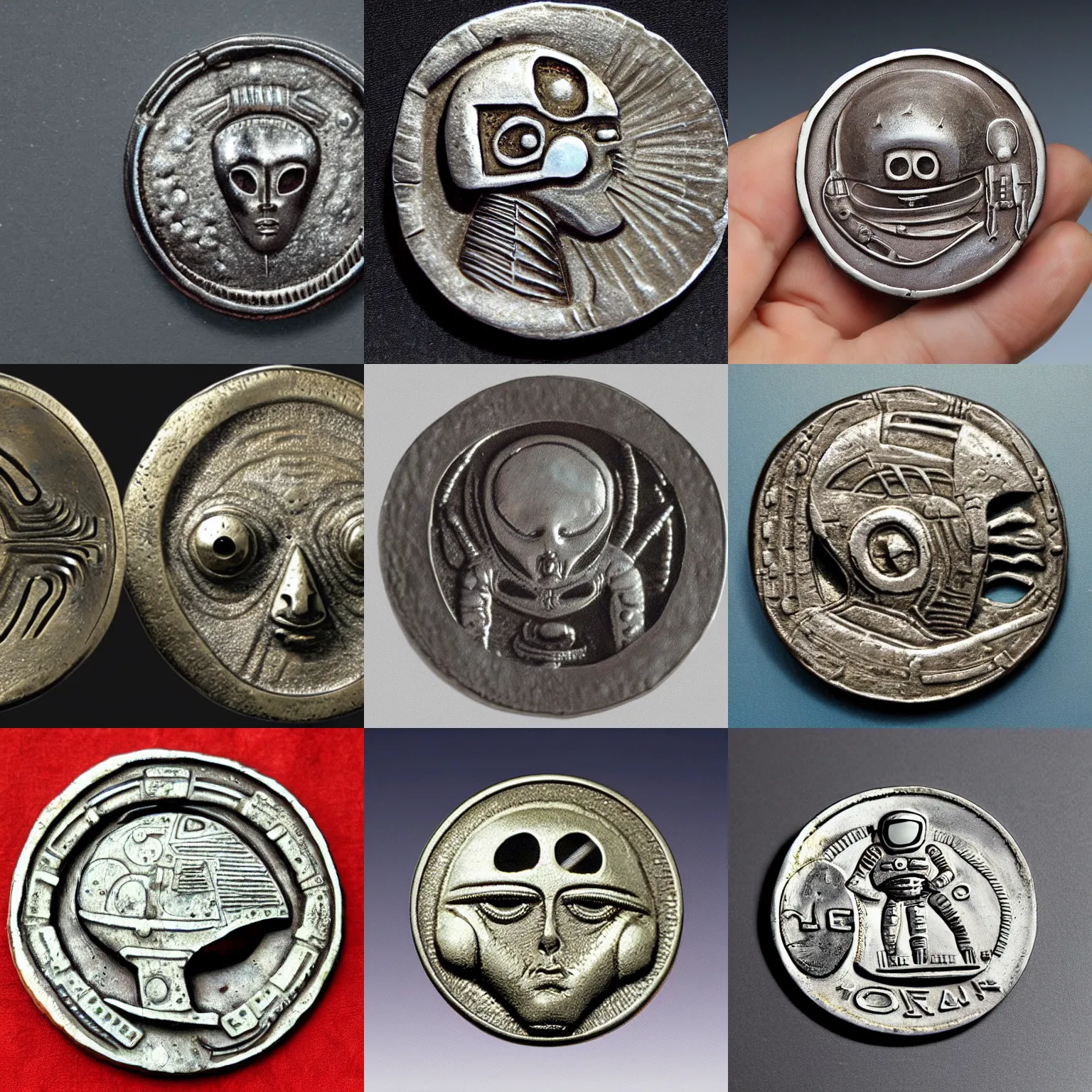 Prompt: an alien or ufo or astronaut on ancient metal coin