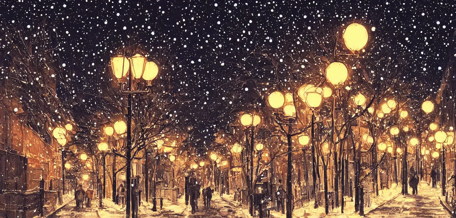 Prompt: beautiful illustration of kyoto streets at night, winter, illuminated by globe street lamps