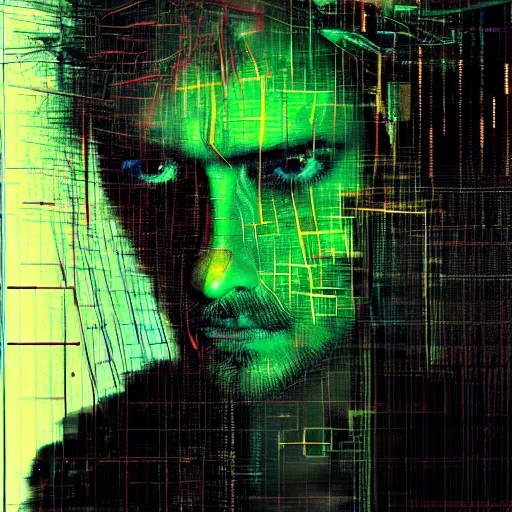 Prompt: hyperrealistic portrait of a cyberpunk man, close up, young adult, medium hair, immersed within a network, glitch eyes, by Guy Denning, Russ Mills, glitch art, hyper focus, fine detail, polished, complex, hacking effects, holographic, digital tech effects, green, color blocking!, realistic, acrylic on canvas, concept art, abstract!, symmetrical, 8k, concept art, octane, cgsociety, trending on artstation