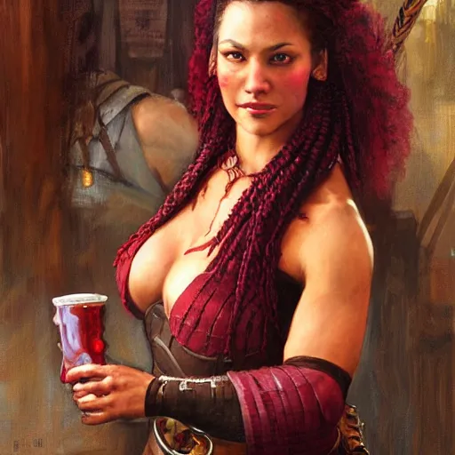 Prompt: a medieval bartender woman with polynesian ethnicity and a warm smirk, burgundy color scheme, large mohawk braid, fantasy character portrait by gaston bussiere craig mullins