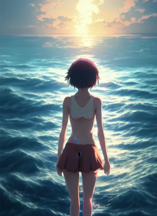 Prompt: anatomically correct anime girl walking on water, ripples, backdrop of dawn, saturn in the background, illustration, concept art, anime, key visual, trending pixiv fanbox by wlop and greg rutkowski and makoto shinkai and studio ghibli