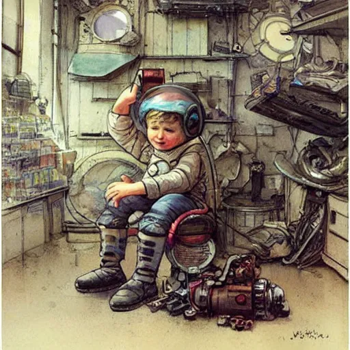 Image similar to ((boy in a retro space suit in a cluttered inventors shop . muted colors.)) by Jean-Baptiste Monge !!!!!!!!!!!!!!!!!!!!!!!!!!!