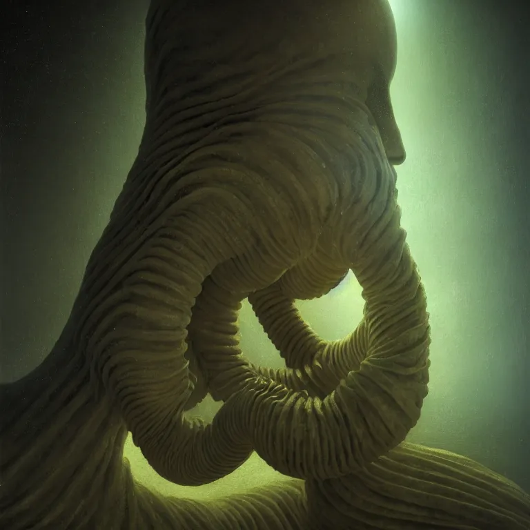 Image similar to portrait of a ribbed alien by hieronymus bosch, wide shot, soft glow bloom lucid dream - like ethereal atmosphere, baroque portrait painting, perfect composition, beautiful intricate detailed octane render trending on artstation, 8 k artistic photography, volumetric cinematic perfect light, chiaroscuro, masterpiece, raphael, caravaggio, rutkowski, beeple, beksinski