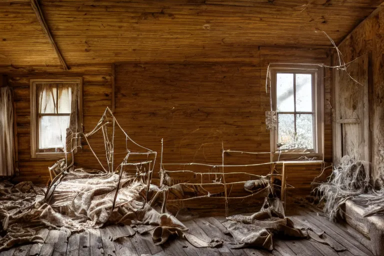 Image similar to a film production still, 2 8 mm, wide shot of a cabin interior, wooden furniture, cobwebs, spiderwebs, dynamic volumetric lighting, abandoned, depth of field, cinematic