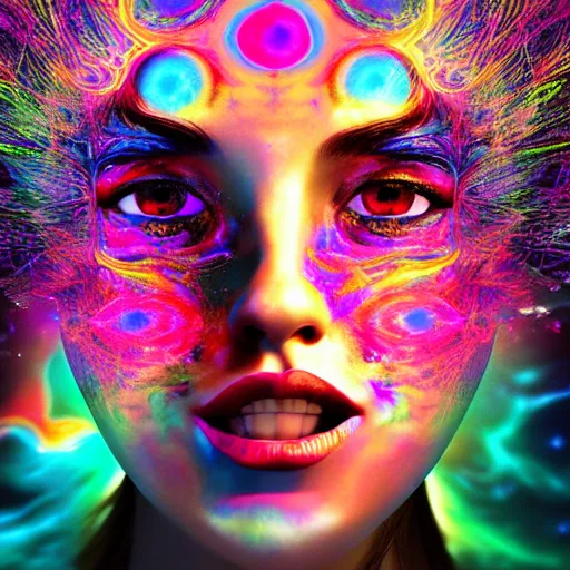 Prompt: Psychadelic picture of a womans face expanding her consciousness into the universe, digital art, high resolution