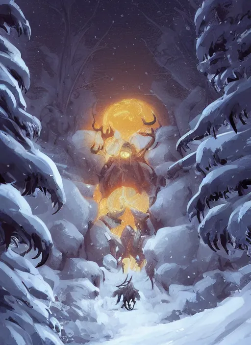 Image similar to giant muscular yeti monster with glowing yellow eyes and twisted horns towering over snow covered trees, highly detailed, digital painting, artstation, concept art, matte, sharp focus, illustration, dramatic, cinematic sunset, hearthstone, art by jesper ejsing, by rhads, makoto shinkai and lois van baarle, ilya kuvshinov, rossdraws