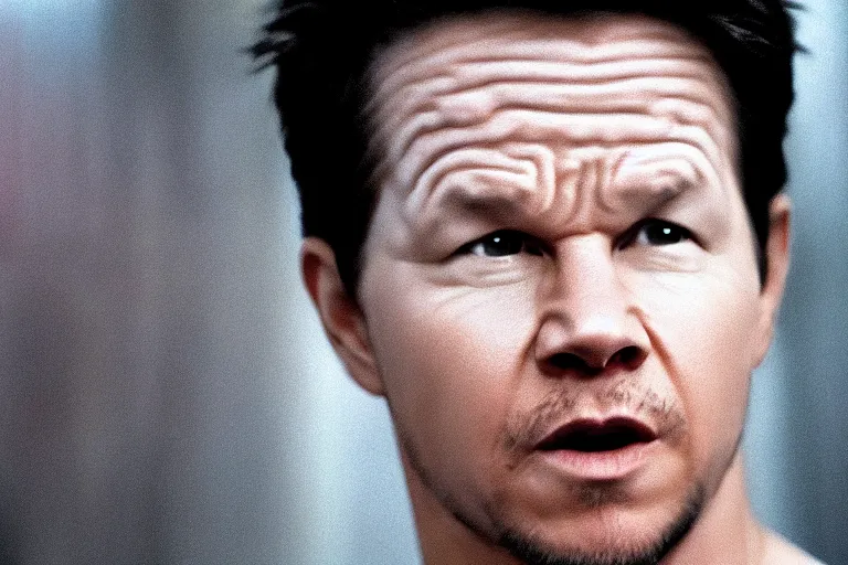 Image similar to mark wahlberg as matt daemon, all faces are distorted contorted, shock, repulsion, disgust, frustration, annoyance, laughter, smirk, snicker, cinematic still, movie still, long lens, shallow depth of field, bokeh, anamorphic lens flare, 8 k