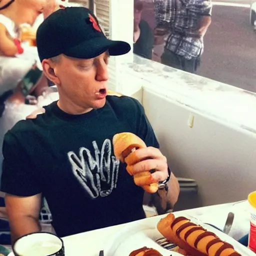 Prompt: Eminem eating a hotdog