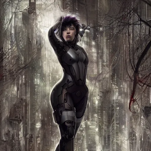 Image similar to scarlett johansson ghost in the shell costume in a spooky forest, hq artwork, coherent, insane detail, concept art, character concept, character full body portrait