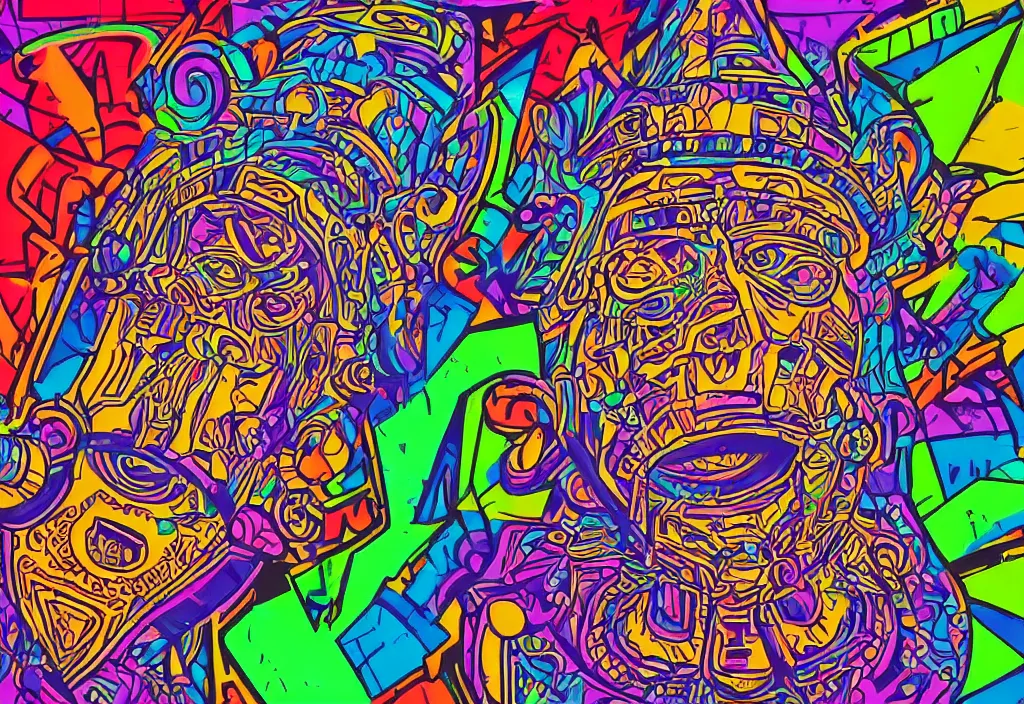 Image similar to a minimalised but overdetailed amd ornated vivid and colorful geometric-pattern filled portrait of a mayan emperor. In Comic, graffity style design by Chris Dyer aka chrisdyerpositivecreations. Charachter Inspired by legendary can2 aka cantwo, köpak and salviadroid. Color palette inspired by streetartist fatheat.