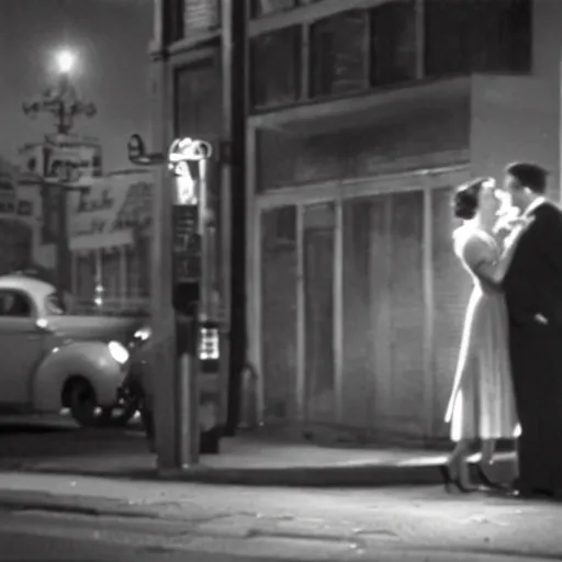 Prompt: random film still from a 1 9 4 0's film noir movie with a man and woman kissing under a street light