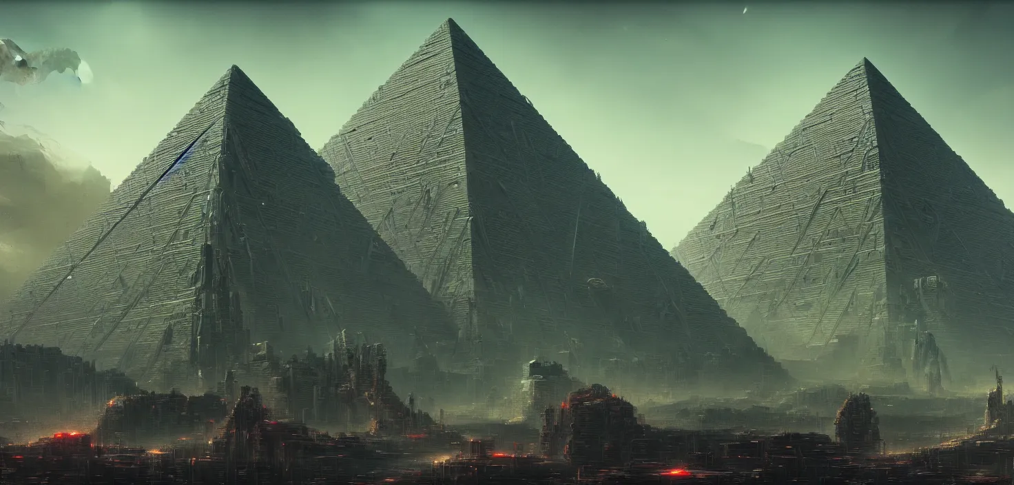 Image similar to cyberpunk egiptian pyramid overview, HR Giger, Wadim Kashin, in Zdzisław Beksiński color scheme, featured in artstation, octane render, cinematic, elegant, intricate, 8k