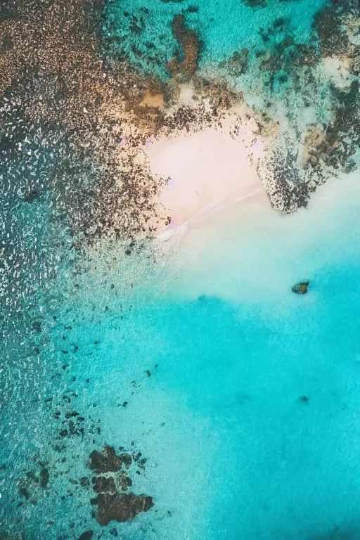 Prompt: Aerial Photo of tropical Beach, turquoise water, calm, volumetric lighting, summer, Cinematic, award winning, photo print.