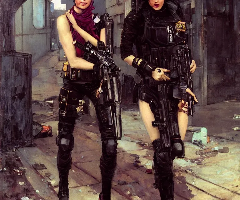 Prompt: Sara evades sgt Griggs. Fuchsia Cyberpunk hacker escaping Menacing Cyberpunk police trooper griggs wearing a combat vest. (dystopian, police state, Cyberpunk 2077, bladerunner 2049). Iranian orientalist portrait by john william waterhouse and Edwin Longsden Long and Theodore Ralli and Nasreddine Dinet, oil on canvas. Cinematic, vivid colors, hyper realism, realistic proportions, dramatic lighting, high detail 4k