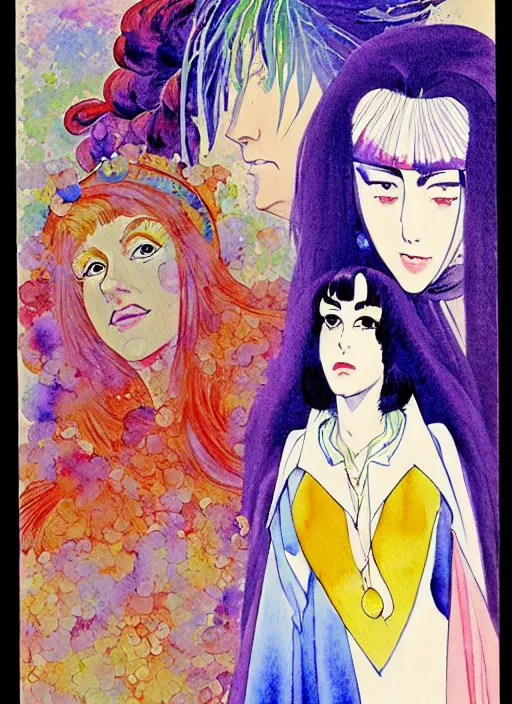 Image similar to vintage 7 0 s anime watercolor by geoff darrow, a portrait of a lady with colorful face - paint enshrouded in an impressionist watercolor, representation of mystic crystalline fractals in the background by william holman hunt, art by cicley mary barker, thick impressionist watercolor brush strokes, portrait painting by daniel garber, minimalist simple pen and watercolor