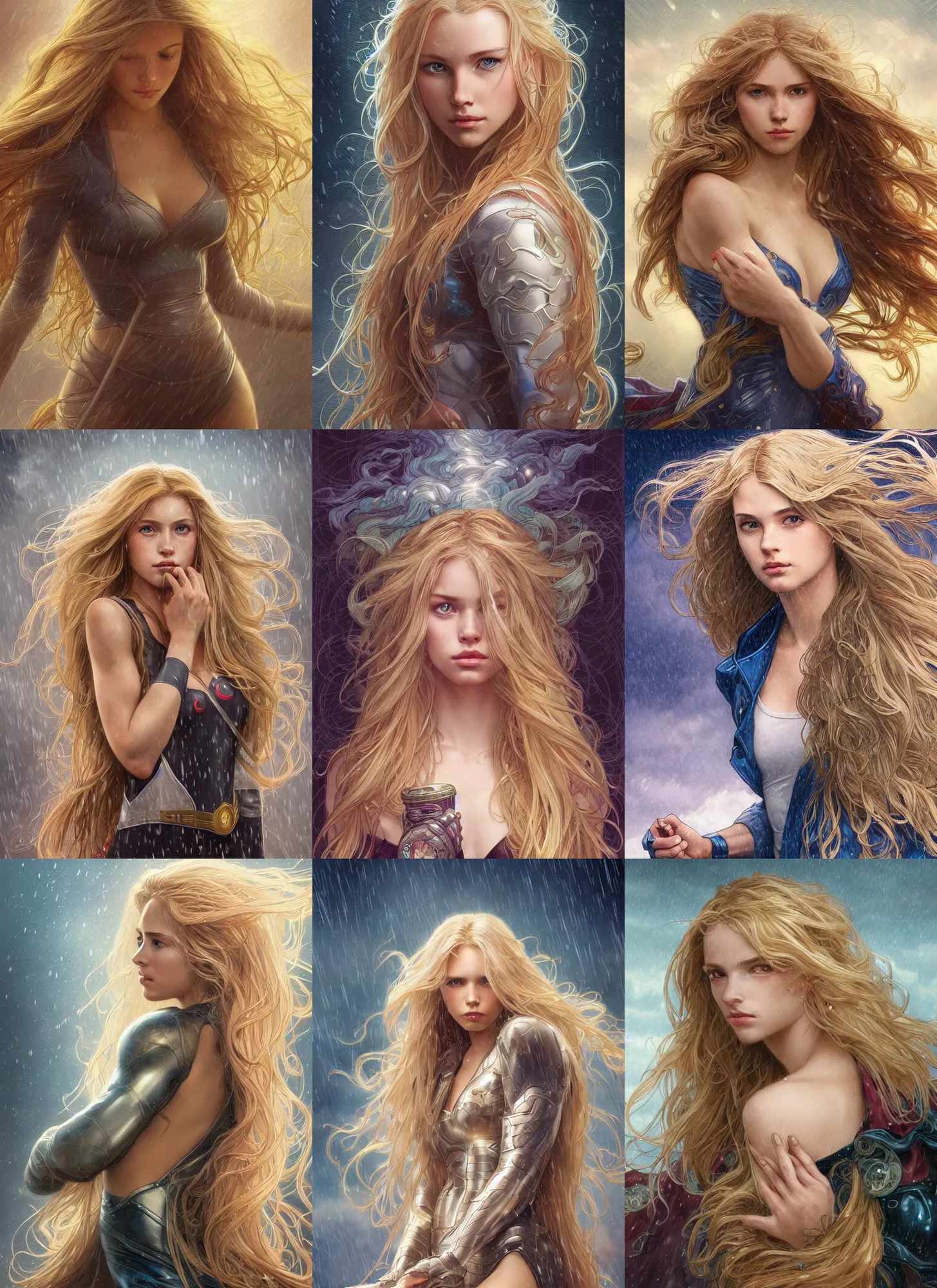 Prompt: a superhero girl with a focused face and extremely long blonde wavy hair, light rain, thunder storm background, intricate detailed face, artgerm, greg rutkowski, alphonse mucha, francine van hove