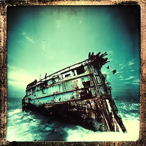 Image similar to towering rusty shipwreck, underwater, murky, megalophobia, old polaroid, expired film,