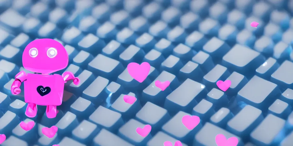 Prompt: a super cute tiny miniature realistic shiny robot typing on a keyboard with a deep blue fiber optical network in the background and lots of cute pink hearts floating around the realistic picture