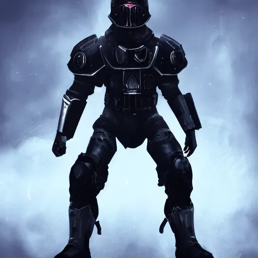 Prompt: soldier in black metal armor and a big black sphere helmet, blaster in a hand, sci - fi, digital art, realistic, detailed, artstation, cinematic lighting