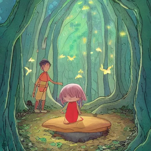 Prompt: a faerie and firefly couple living inside a hollow in a tree, masterpiece soft focus painting by kerascoet by marie pommepuy and sebastien cosset by studio ghibli, award winning illustration, bande dessinee, nostalgic painting, dynamic lighting