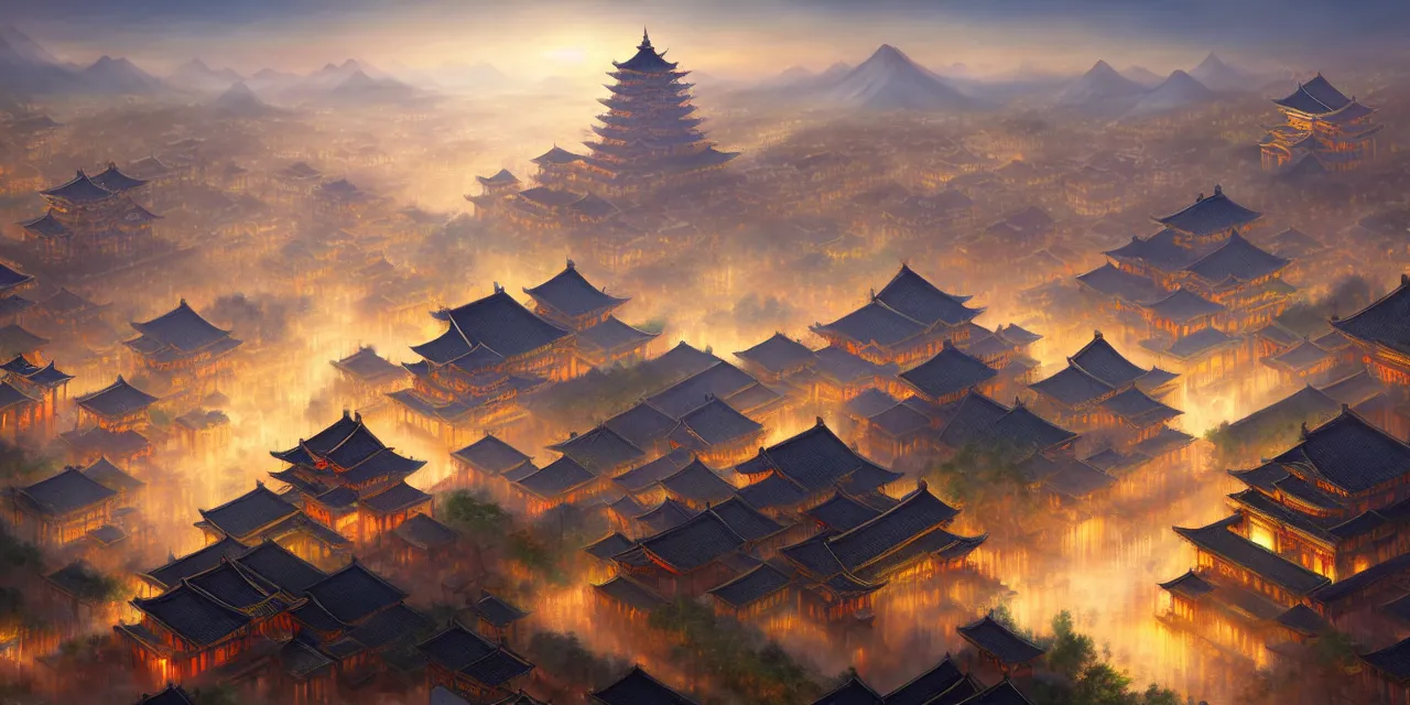 Image similar to a beautiful painting of a ancient big city of china, light effect, unreal engine, super wide angle, by yuumei and yanjun chen, trending on artstation