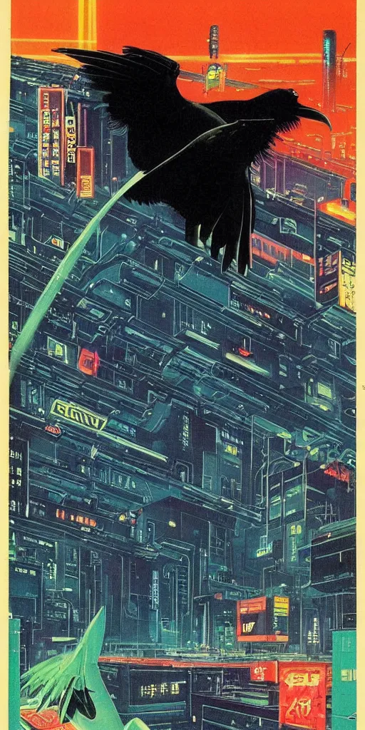 Image similar to 1979 OMNI Magazine Cover of a raven in neo-Tokyo in cyberpunk style by Vincent Di Fate