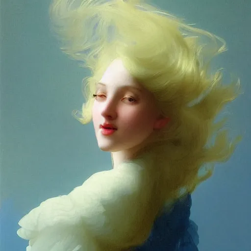 Image similar to young woman's face, her hair is white and she wears a cobalt blue duchesse satin cloak, by ivan aivazovsky and syd mead and moebius and roger dean and aelbert cuyp and willem claesz and pieter claesz and paul delaroche and alma tadema, hyperrealistic, volumetric light, octane