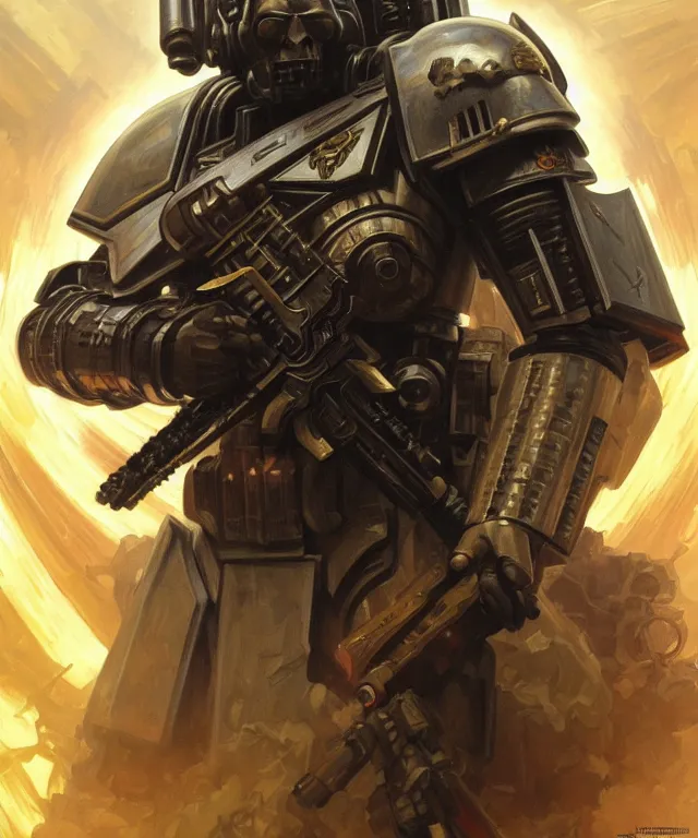 Image similar to morgan freeman as warhammer 4 0 k space marine chaplain, portrait, fantasy, intricate, elegant, highly detailed, digital painting, artstation, concept art, smooth, sharp focus, illustration, art by artgerm and greg rutkowski and alphonse mucha