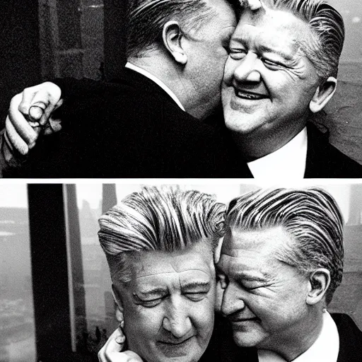 Prompt: david lynch hugging himself while berlin is on fire in the background