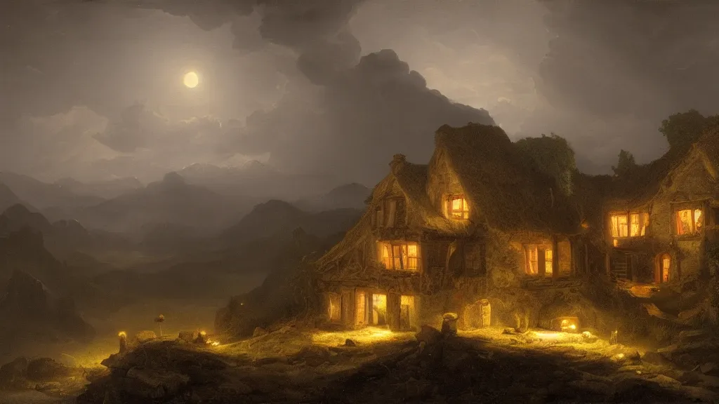 Prompt: A singular rotting cottage on a mountaintop at night, by Hubert Robert, hyperrealistic, Blender 8k UHD