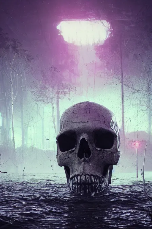 Image similar to beautiful dark bloody flooded landscape, giant robot human skull gears spider legs, in the style of beeple and Mike Winkelmann, photo real, ultra realistic, intricate, epic lighting, 8k resolution, unreal engine 5, ultraviolet colors,