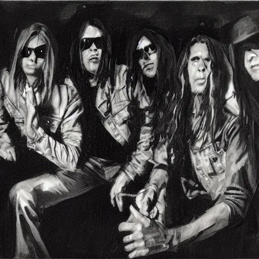 Prompt: greg manchess painting of an metal band photo, direct flash photography at night, film grain, black and white