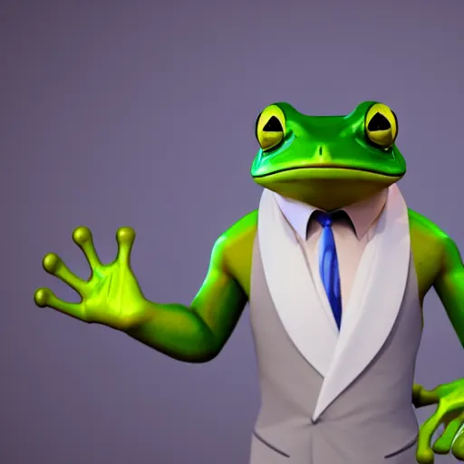 Image similar to a high quality photo of an antropomorphic frog wearing a suit, 3d scene, render, ultra realistic, artstation, cgsociety