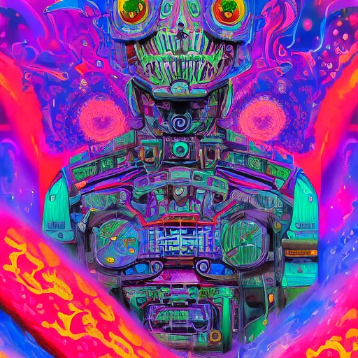 Prompt: An extremely psychedelic experience, colorful, surreal, mecha, LSD, face, jet turbine, tarot, detailed, intricate, elegant, highly detailed, super detailed, insane detailed, digital painting, concept art, smooth, sharp focus, octane render, illustration, art by josan gonzales, Krenz Cushar, Marco Plouffe, dan mumford, Artem Demura and alphonse mucha