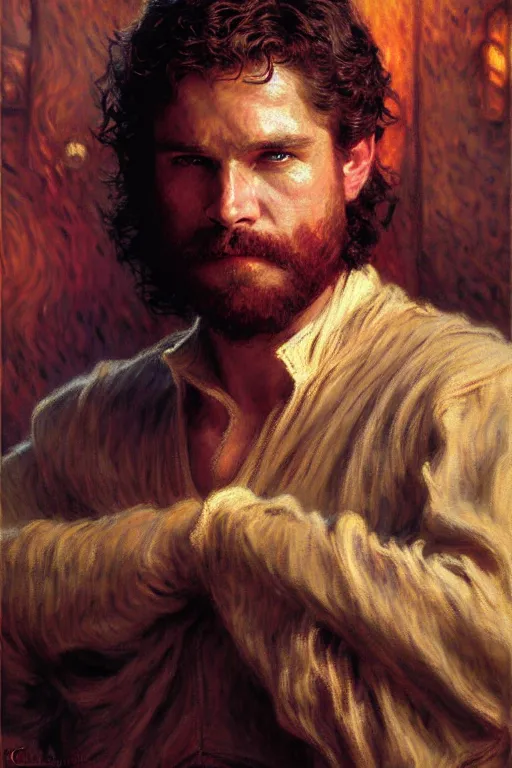 Image similar to attractive male, game of thrones, star wars, the lord of the rings, painting by, gaston bussiere, craig mullins, j. c. leyendecker, claude monet