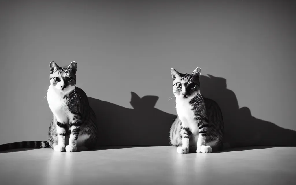 Image similar to a 3 5 mm photo of a cat, sigma 2 4 mm f / 8,, smiling,, sitting, warm lighting, strong shadow, cinematic, realistic,