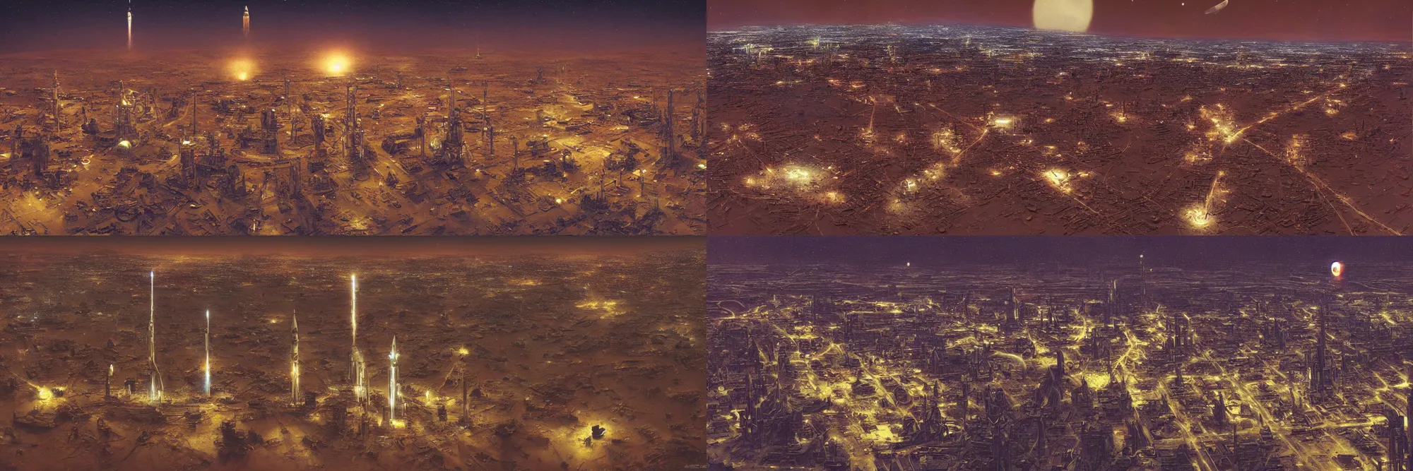 Prompt: Tilt shift photography of the first city on Mars at night. Various rocket launches can be seen in the distance as well as highways and giant buildings and arcologies. Masterpiece of Vincent Di Fate and John Berkey