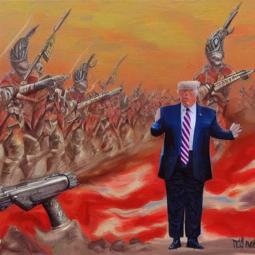 Image similar to trump as a warlord, painting, surreal, bloody