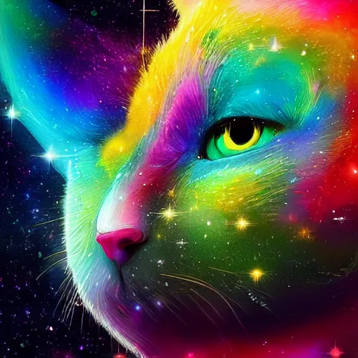 Image similar to colorful galaxy that looks like a cat face, high detail, digital art, beautiful , concept art,fantasy art, 4k