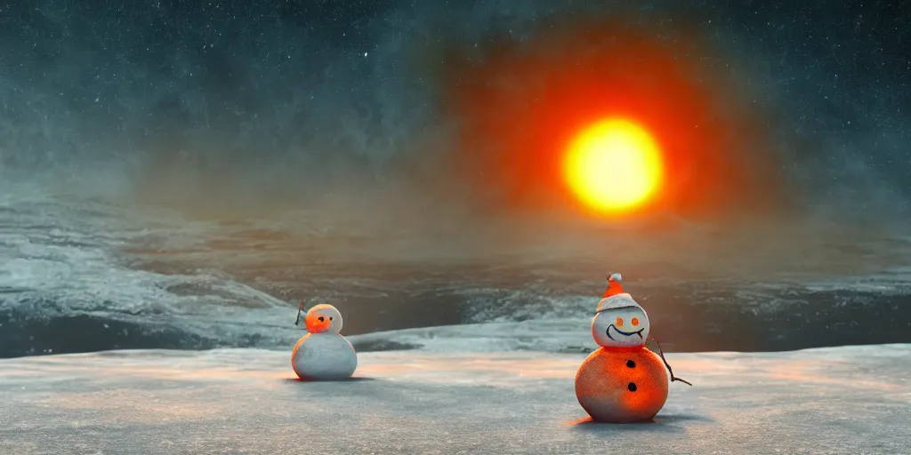 Image similar to a melted glowing snowman melting on top of the sun. the ground is made of fire and lava and is glowing orange. cinematic, dramatic, epic, volumetric lighting, atmospheric, red, orange extremely coherent, masterpiece, highly detailed, trending on artstation, 8 k, space, warm, solar flare, blade runner 2 0 4 9