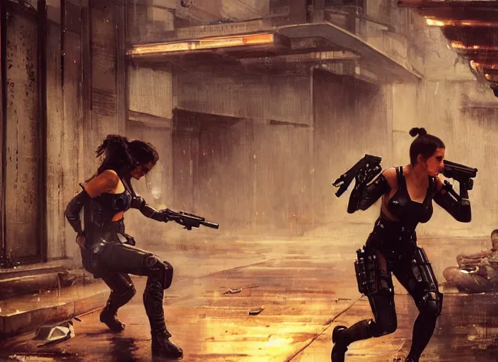 Prompt: sophia evades sgt griggs. Cyberpunk hitwoman escaping Cyberpunk police troopers in combat gear. (police state, Cyberpunk 2077, blade runner 2049, rainy city). Cyberpunk orientalist portrait by john william waterhouse and Edwin Longsden Long and Theodore Ralli and Nasreddine Dinet, oil on canvas. Cinematic, Dramatic lighting.