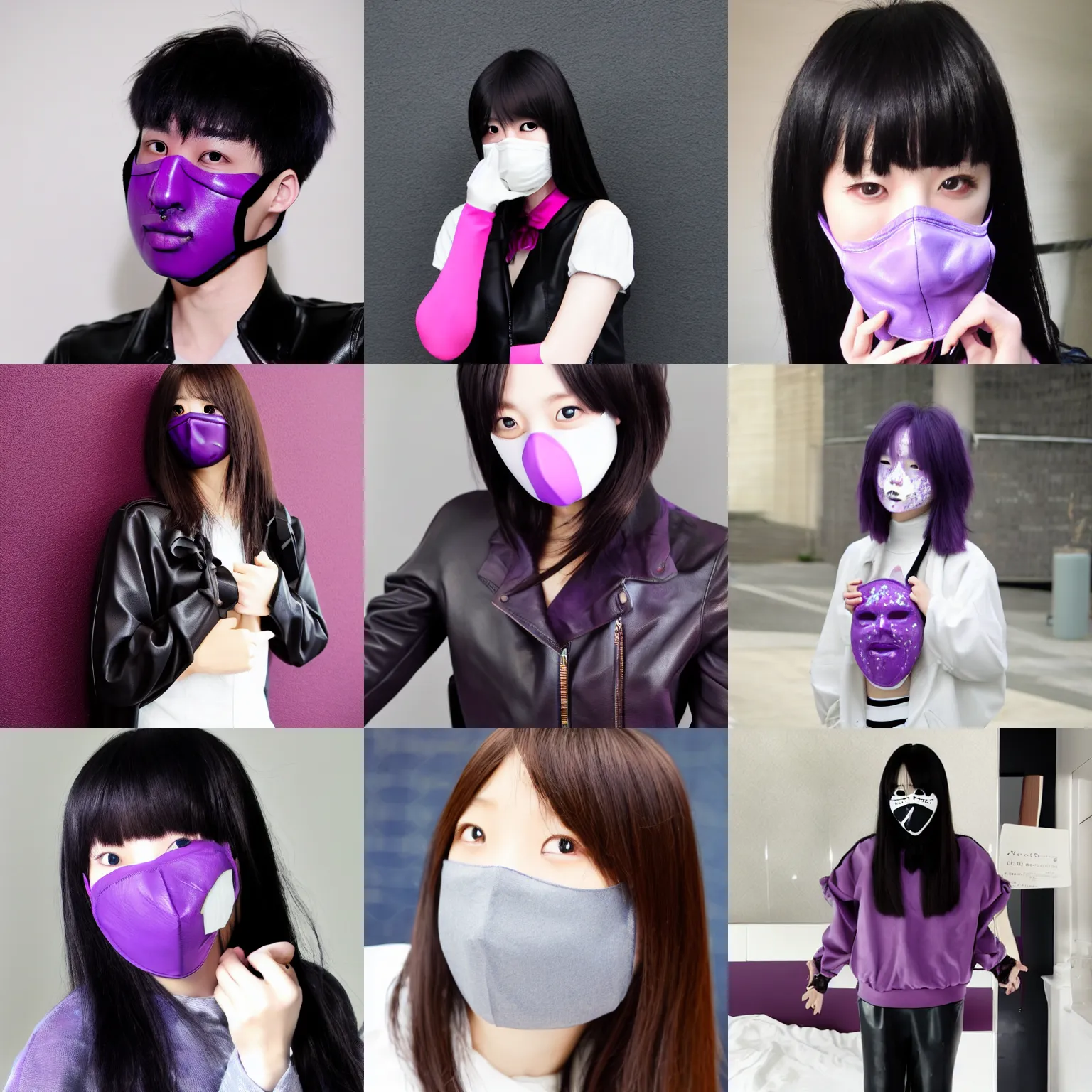 Prompt: ulzzang with purple porcelain mask, black leather garment, medium shot