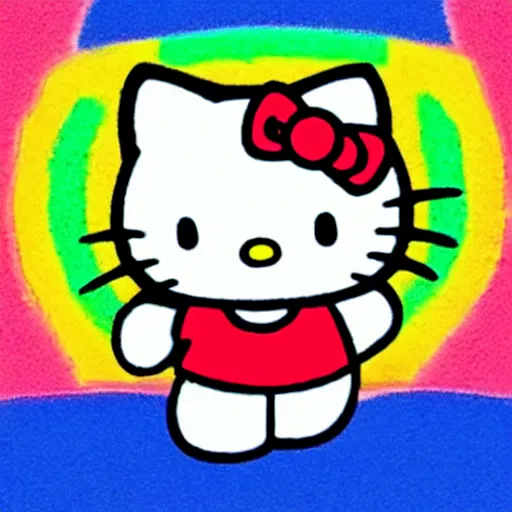 Image similar to Hello kitty standing on a rainbow,