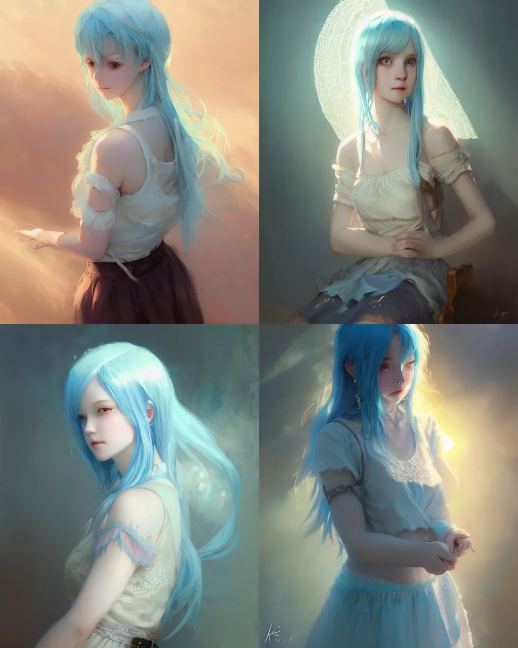 Image similar to girl with light blue hair and lace skirt, portrait, illustration, rim light, top light, perfectly shaded, soft painting, art by krenz cushart and wenjun lin